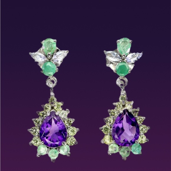 Atlanta Gem & Mineral Show Jewelry - Genuine AA Amethyst, Emerald & Peridot & Tanzanite Gemstone Earrings